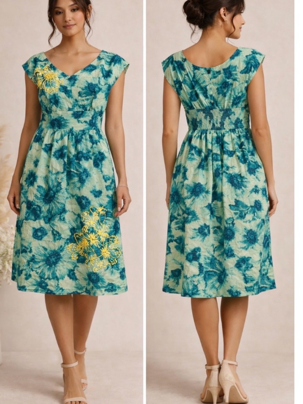 Anthropologie Teal and Yellow Floral V-Neck Midi Dress